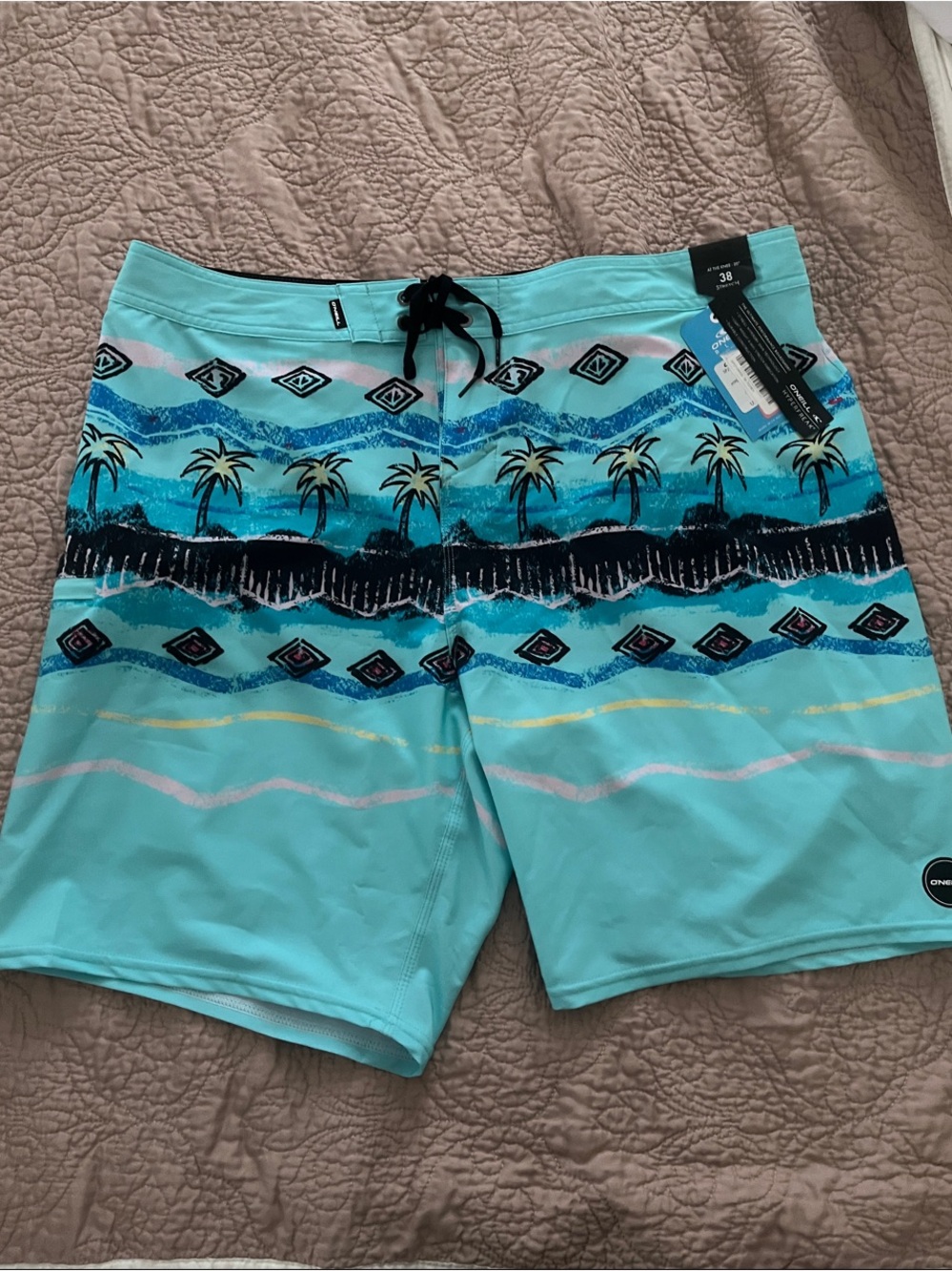 O'Neill Hyperfreak Aqua Palm-Print Board Shorts with Navy Accents